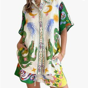 2 Pieces Seeker Printed Button Down and Shorts - Small